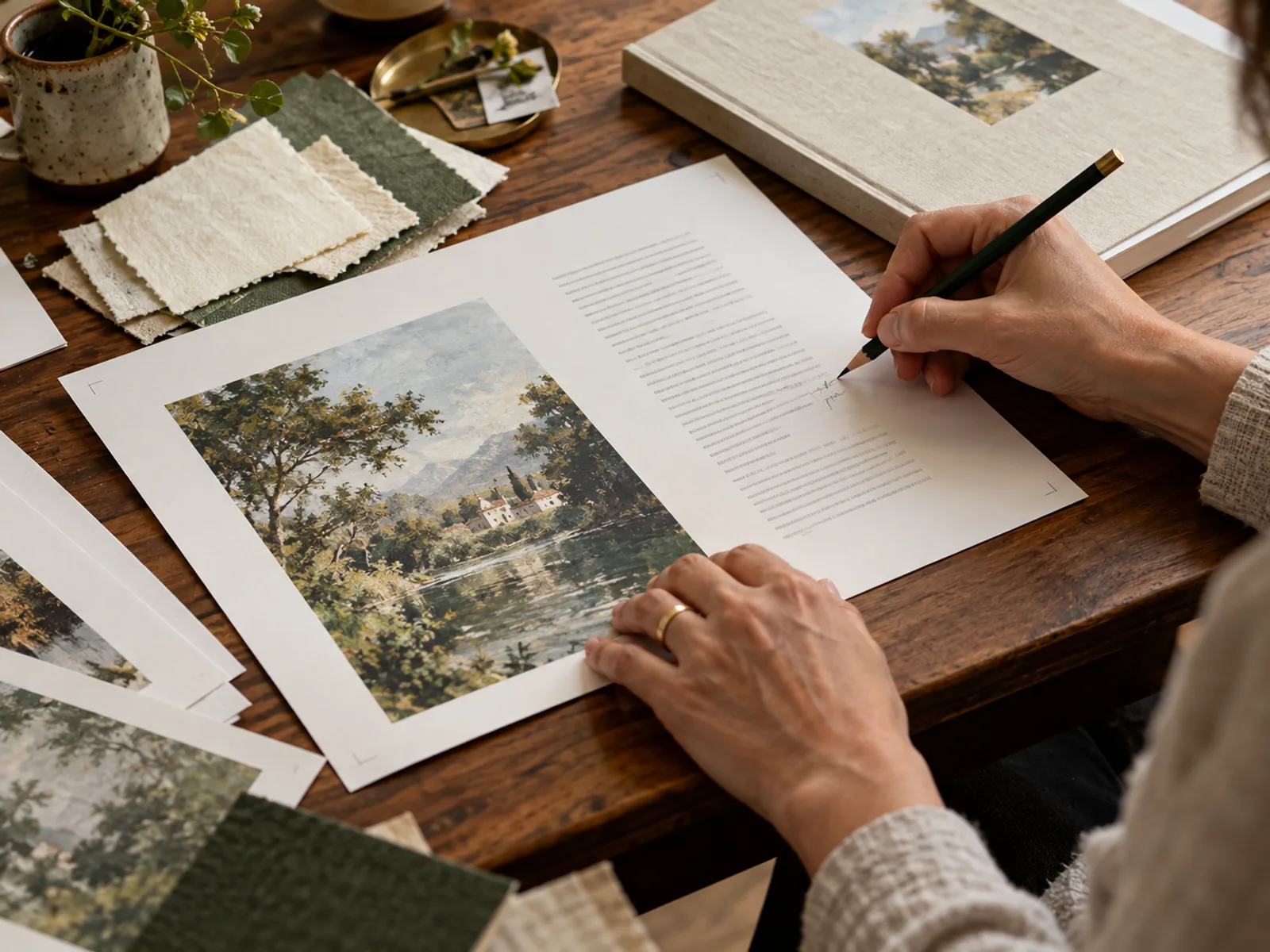 Hands reviewing an illustrated page proof with a pencil
