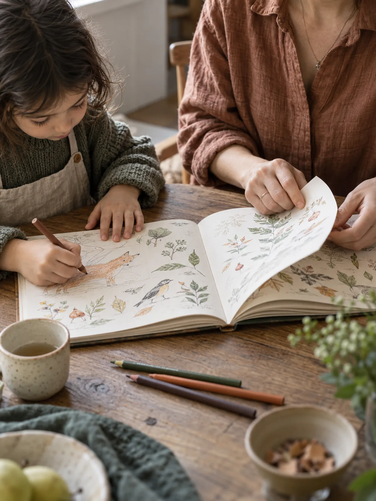 A parent and child drawing together in an activity book